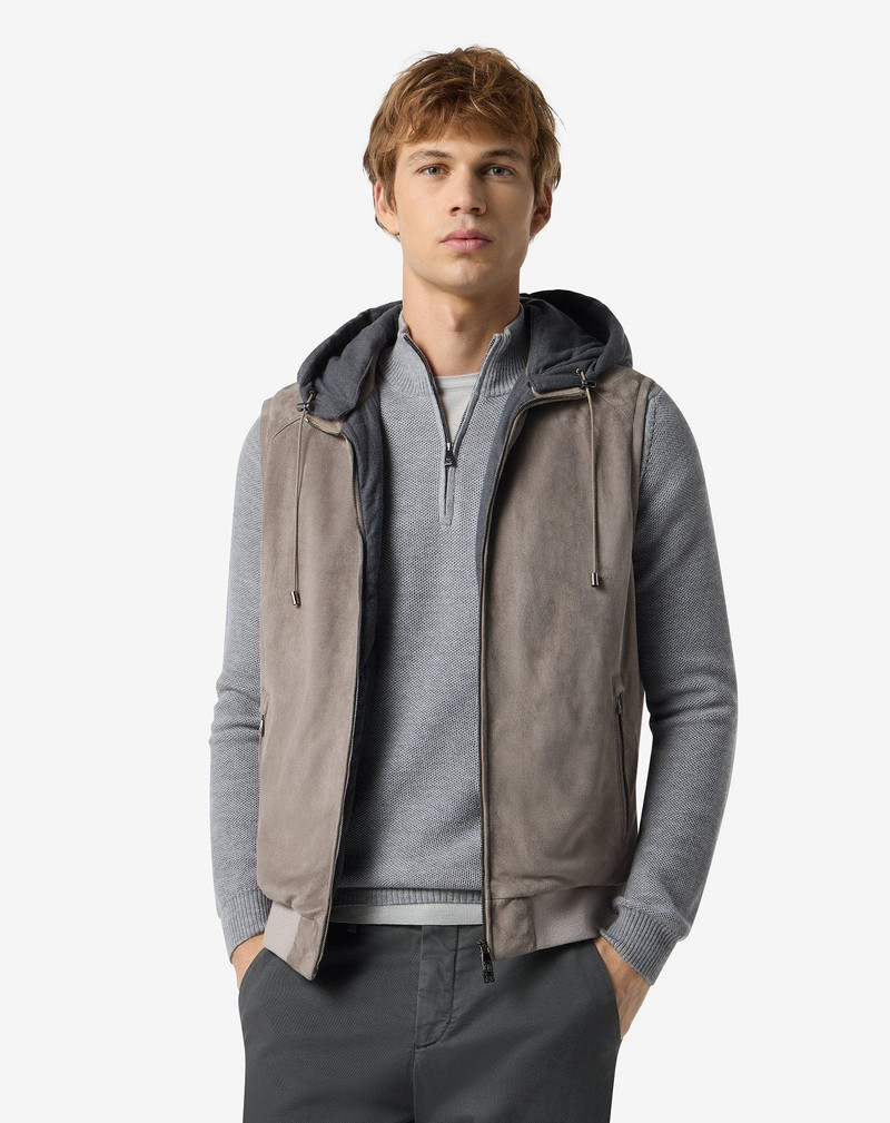 CORNELIANI Greige suede gilet with detachable hood outlook