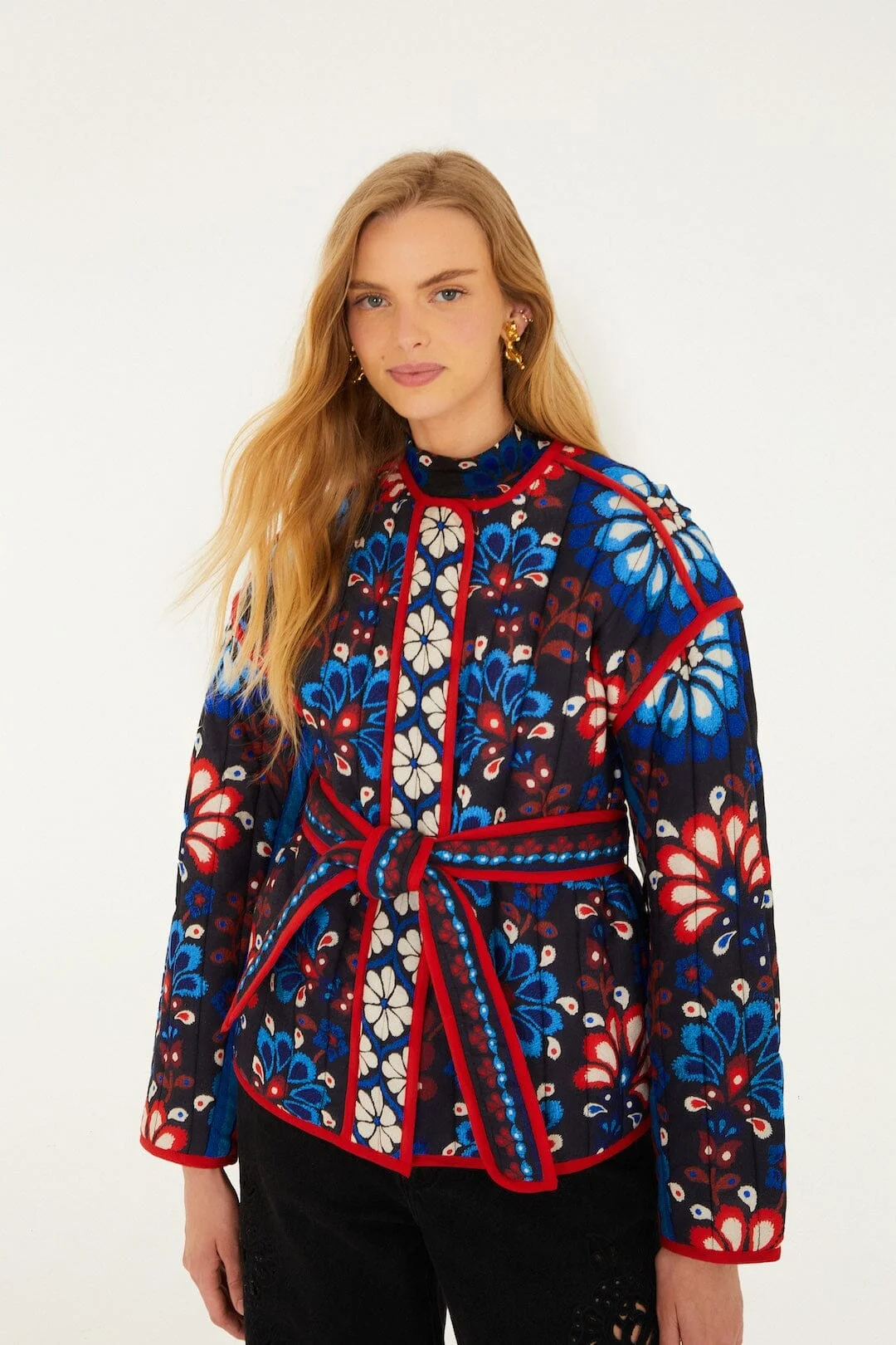 Black Latina Scarf Belted Crop Jacket - 1