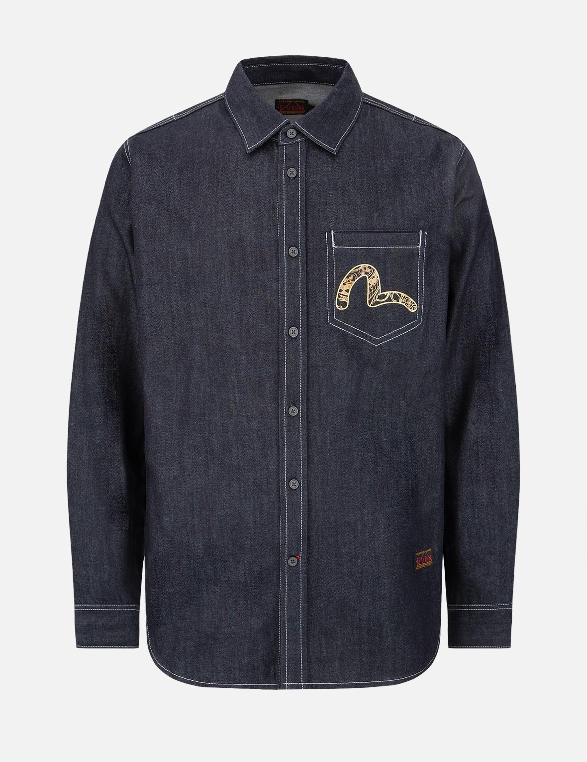 “KOI PLAYING IN WAVES” GRAPHIC FOIL-PRINT DENIM SHIRT - 1