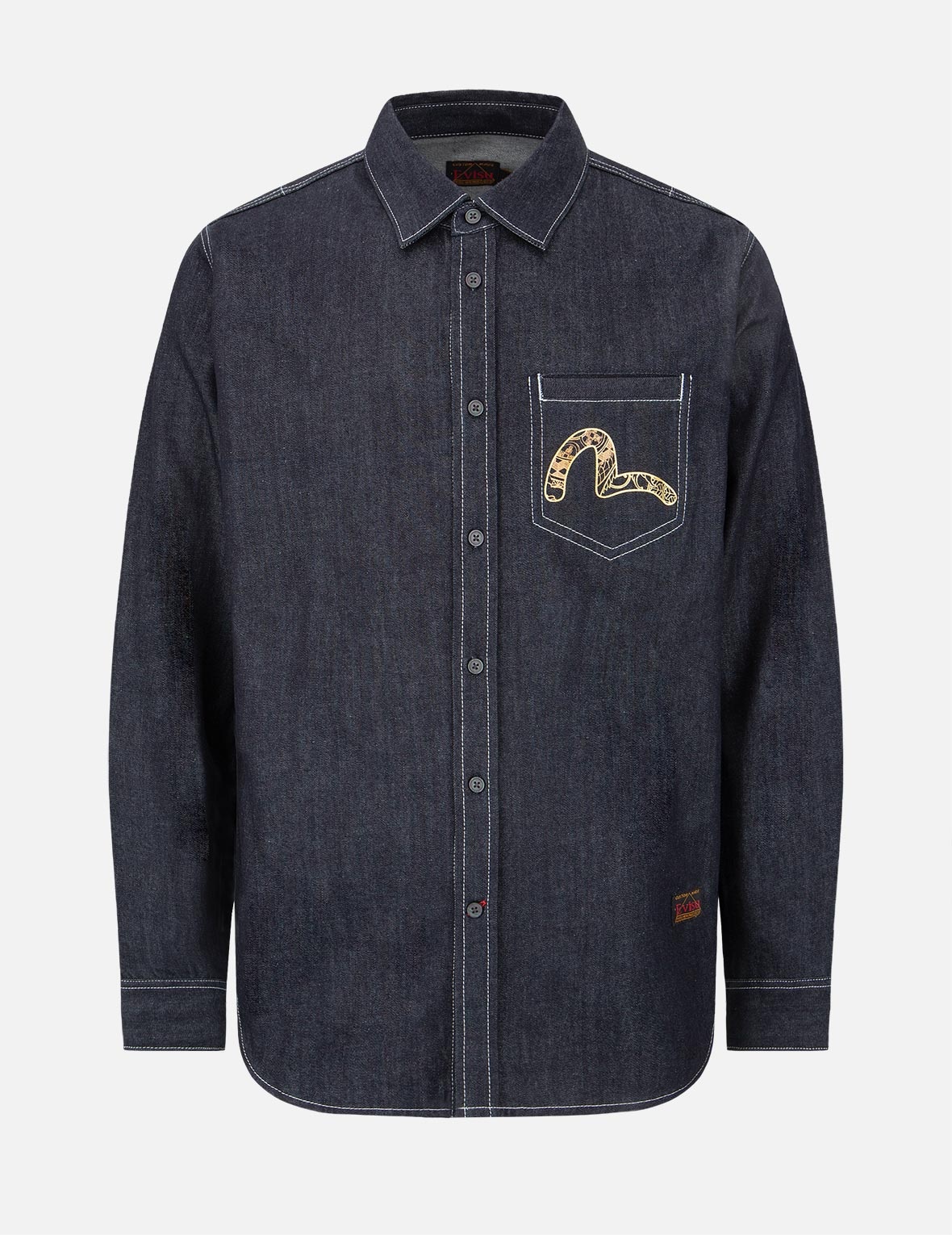 “KOI PLAYING IN WAVES” GRAPHIC FOIL-PRINT DENIM SHIRT - 2