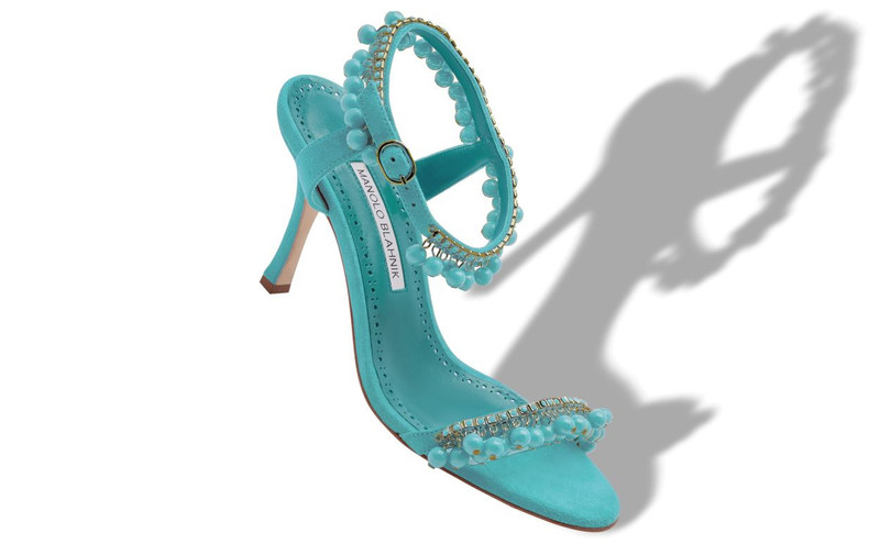 Manolo Blahnik Blue Suede Jewel Embellished Sandals outlook