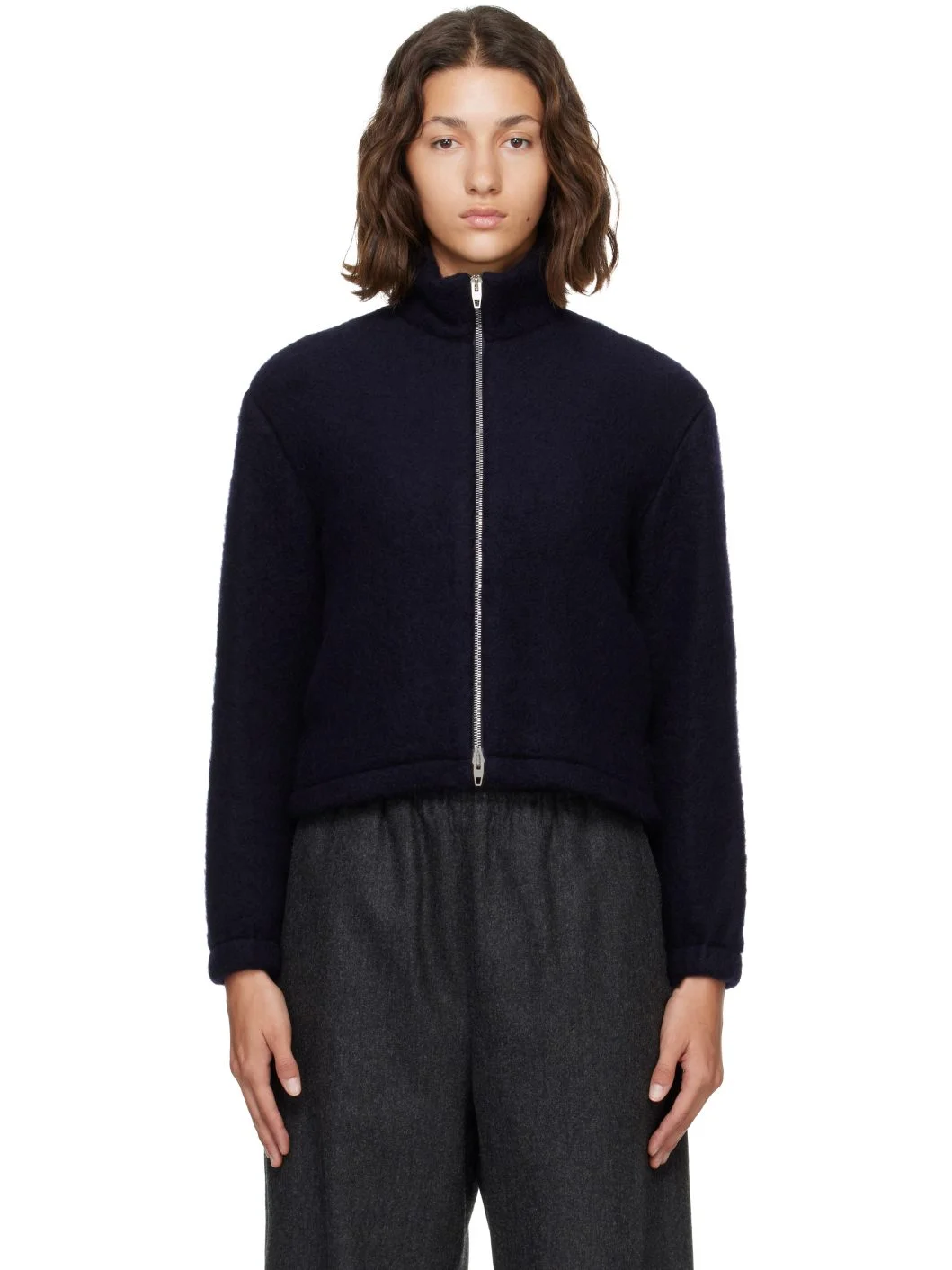 Navy High Neck Zip-Up Cropped Jacket - 1