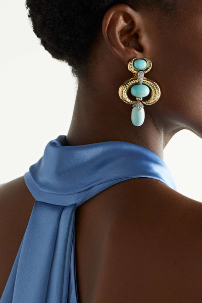 DAVID WEBB Double Crescent 18-karat gold, platinum, turquoise and diamond clip earrings outlook