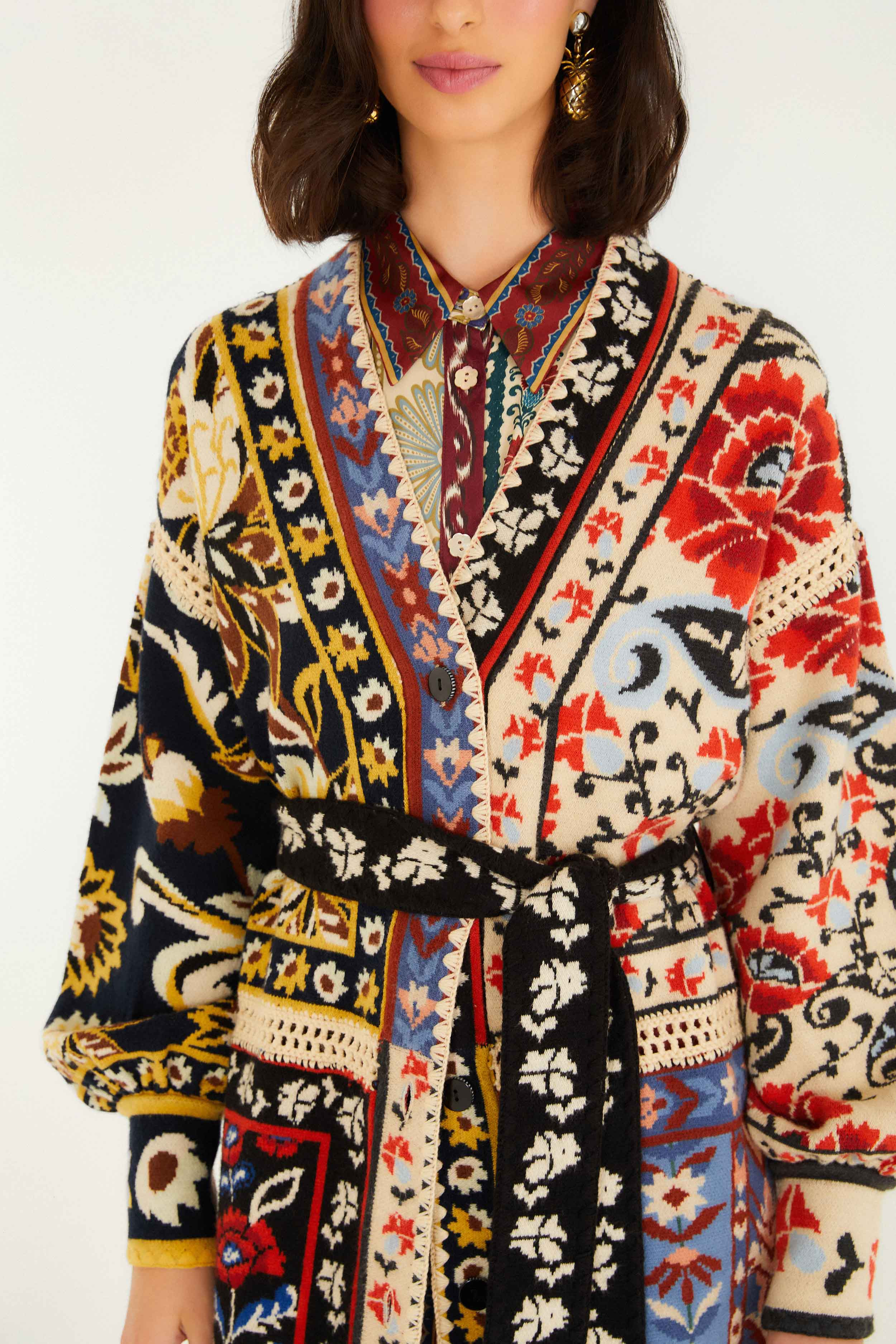 Mixed Flower Print Patchwork Knit Midi Cardigan - 3