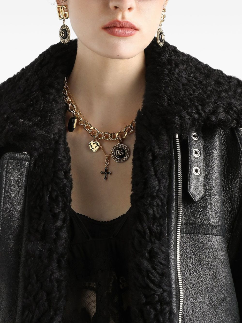 shearling-collar leather jacket - 4