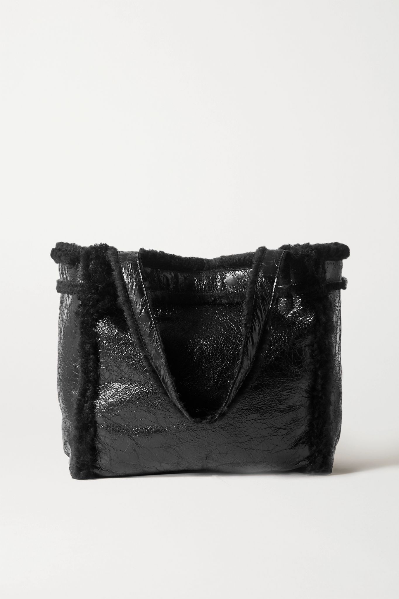 Reversible shearling and crinkled-leather tote - 1