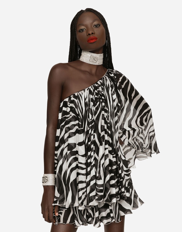 Short one-shoulder chiffon dress with zebra print - 4