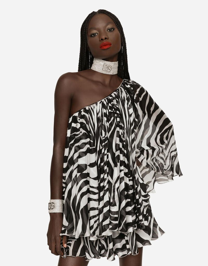 Short one-shoulder chiffon dress with zebra print 4