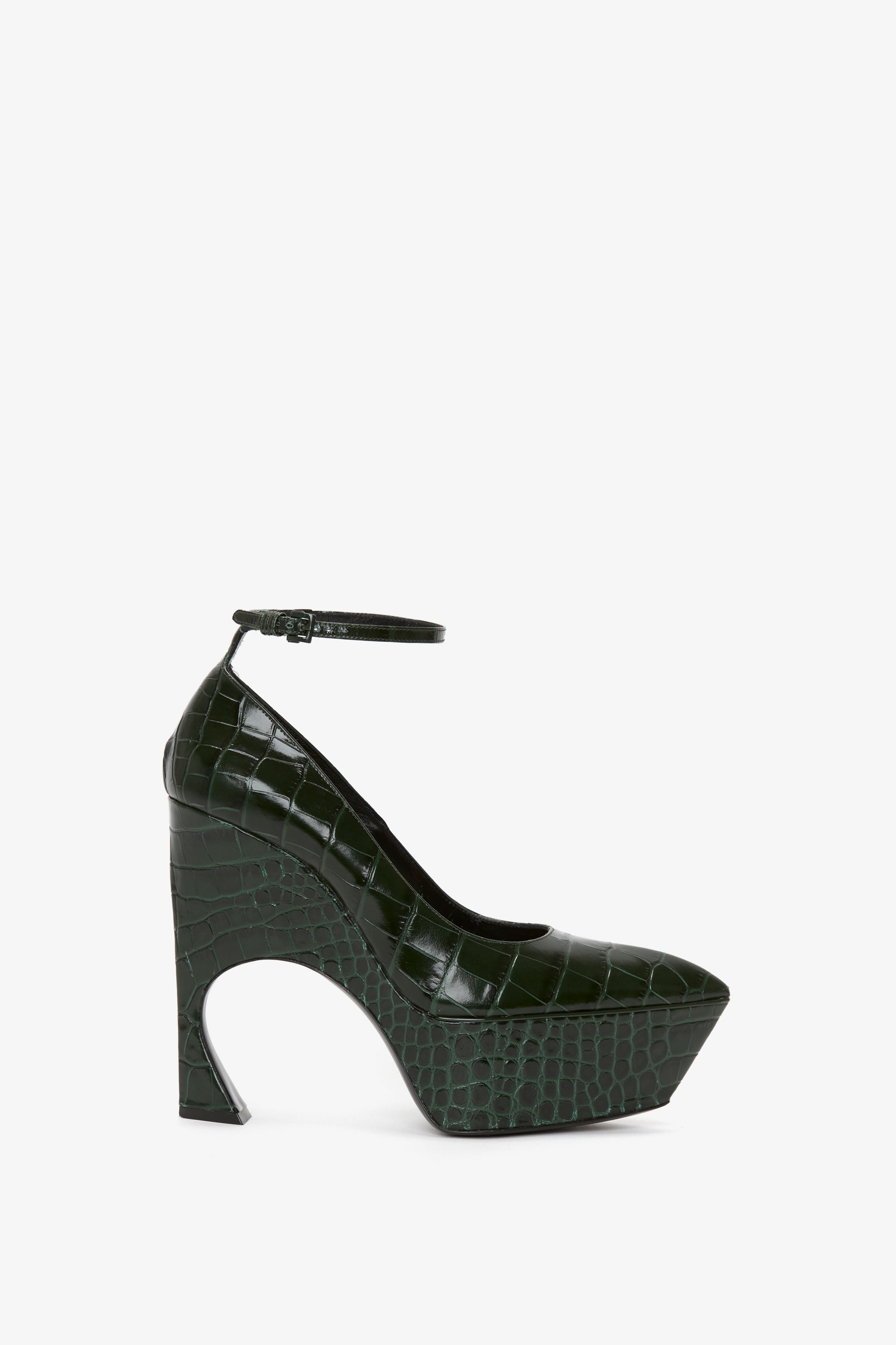 Ankle Strap Wedge Pump In Dark Green Croc-Effect Leather - 1
