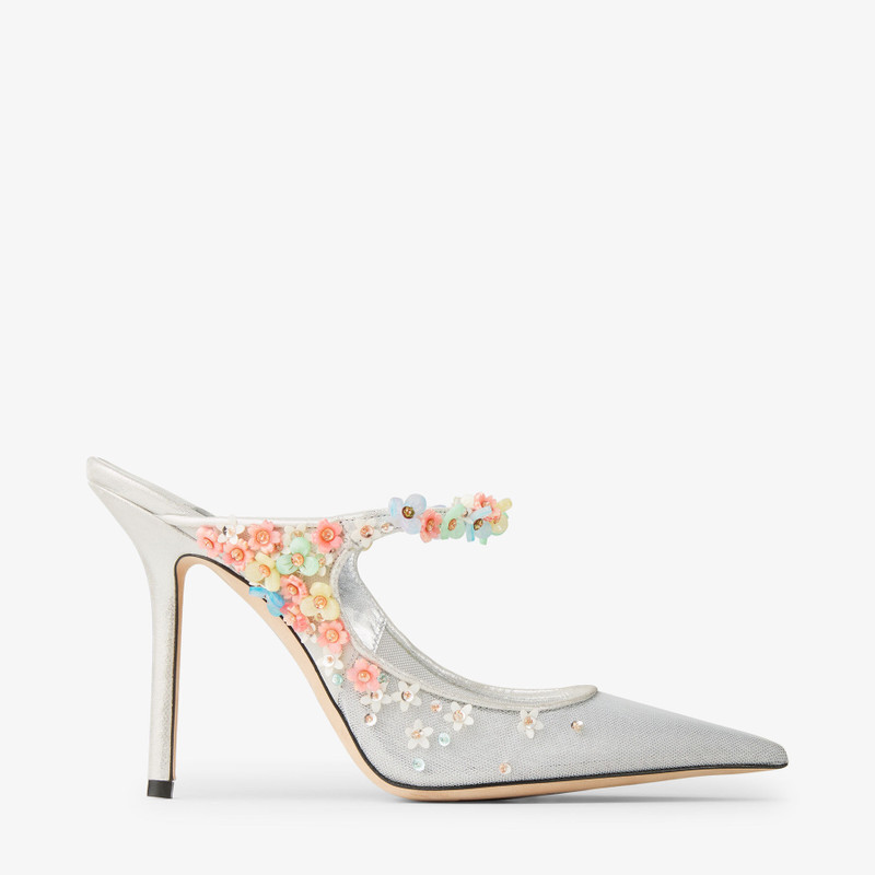 Bing Daisy 100 Silver Metallic Mesh Mule with Floral Embellishments 1