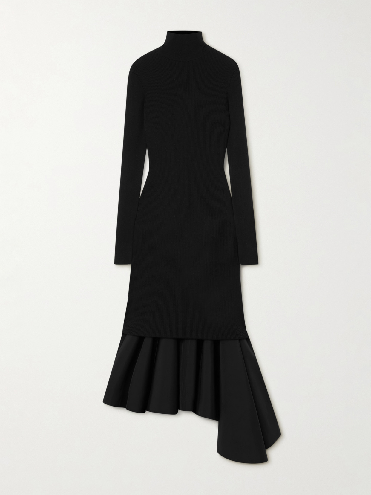 Asymmetric Satin-trimmed Ribbed-knit Turtleneck Midi Dress - 1