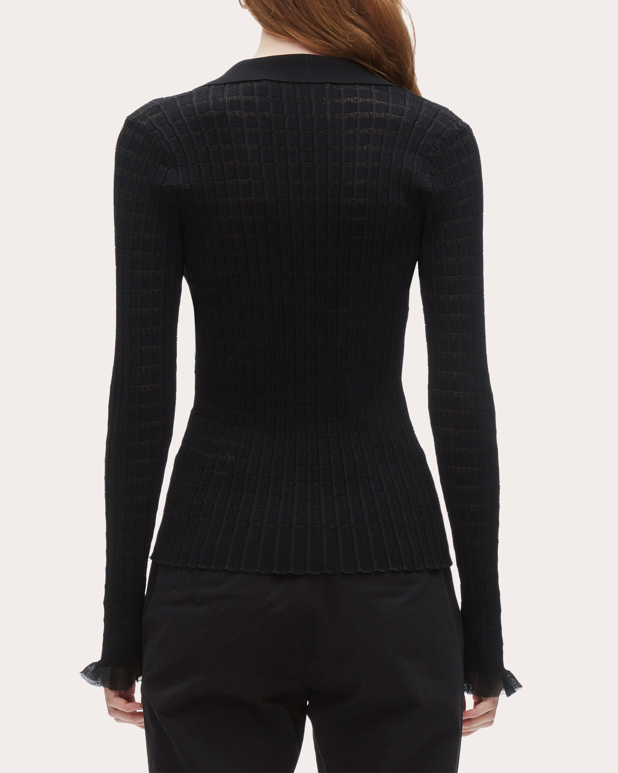 Ribbed Pointelle Knit Polo Top - 2
