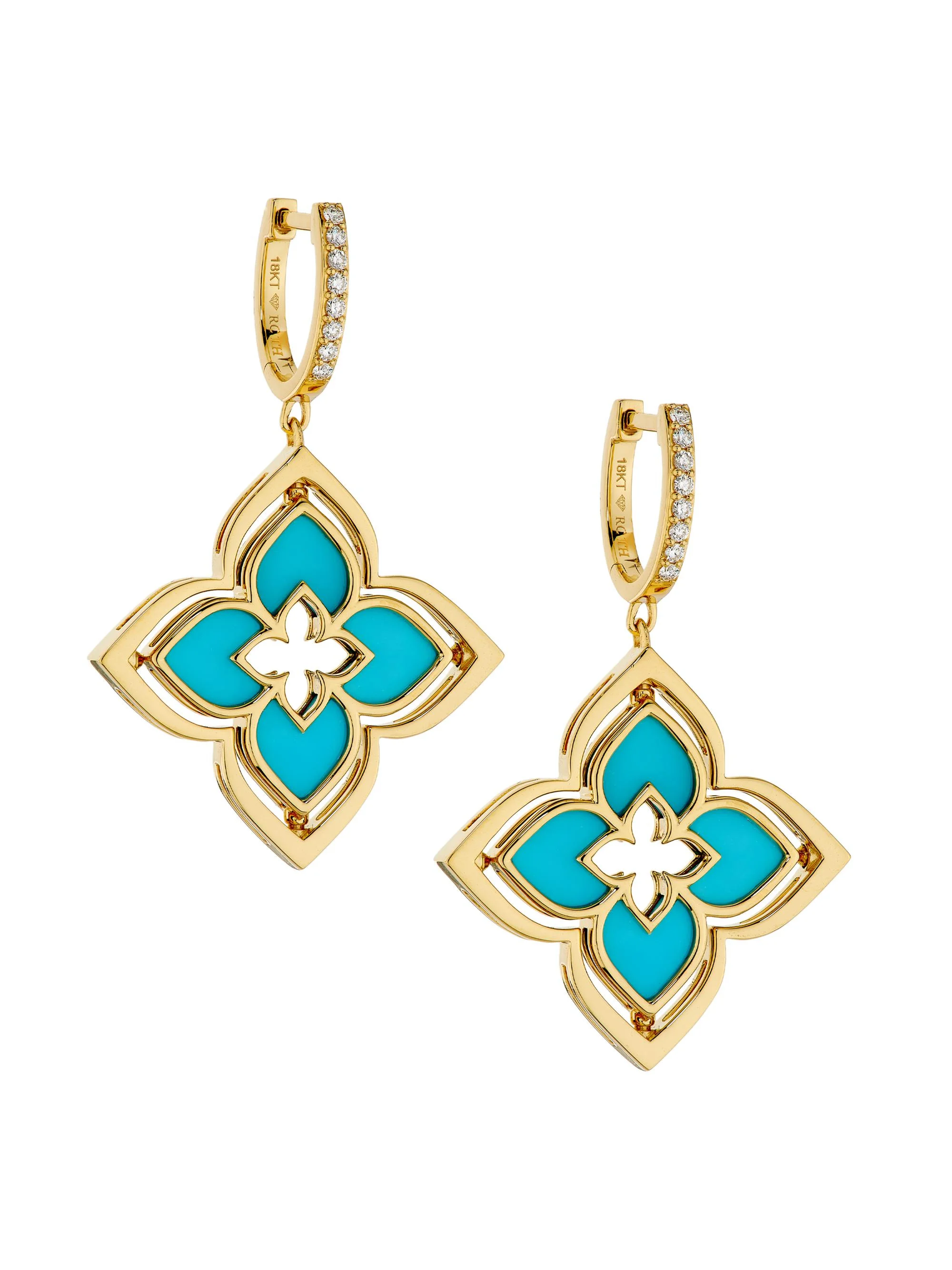 Women's Venetian Princess 18K Yellow Gold, Turquoise & 0.19 TCW Diamond Pirouette Flower Drop Earrin - 1