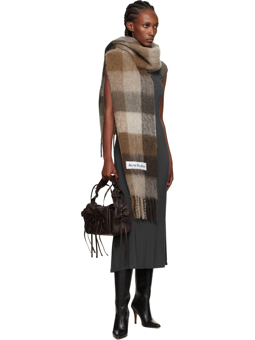 Brown & White Mohair Checked Scarf - 2