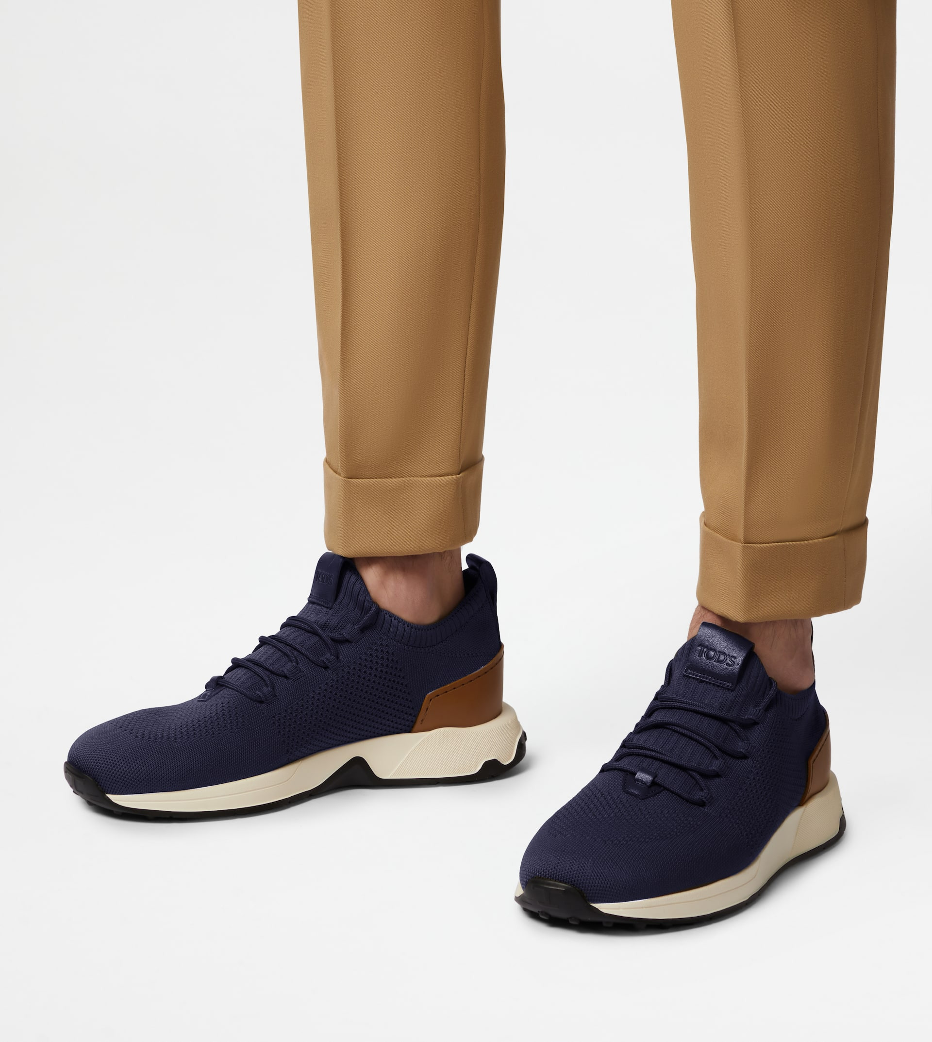 SOCK SNEAKERS IN TECHNICAL FABRIC AND LEATHER - BLUE, BROWN - 6