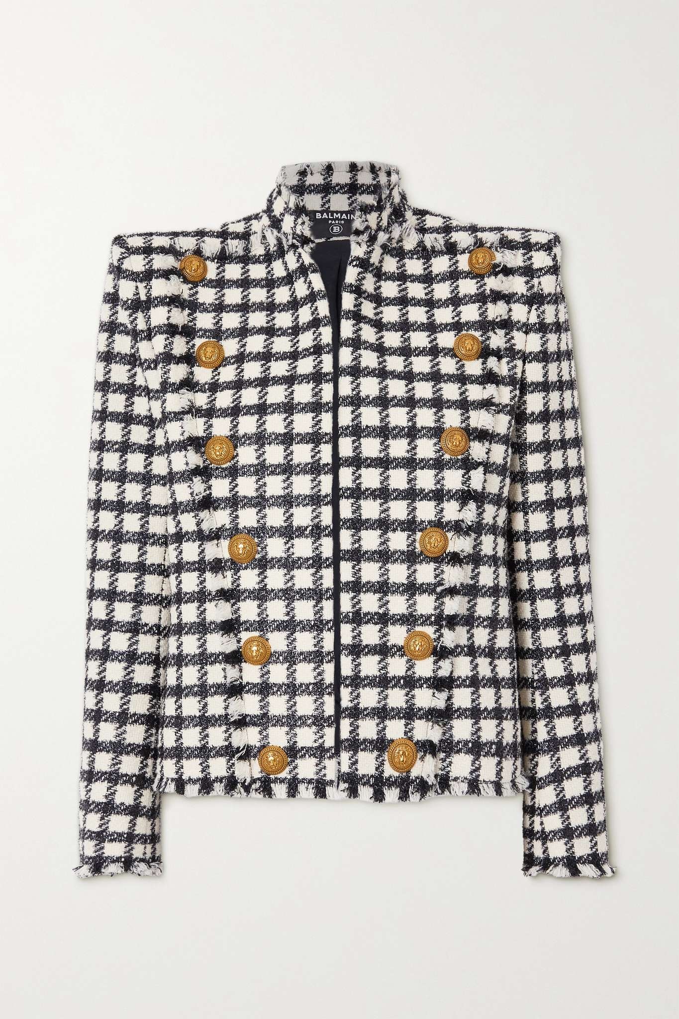 Button-embellished checked metallic wool-blend tweed jacket - 1