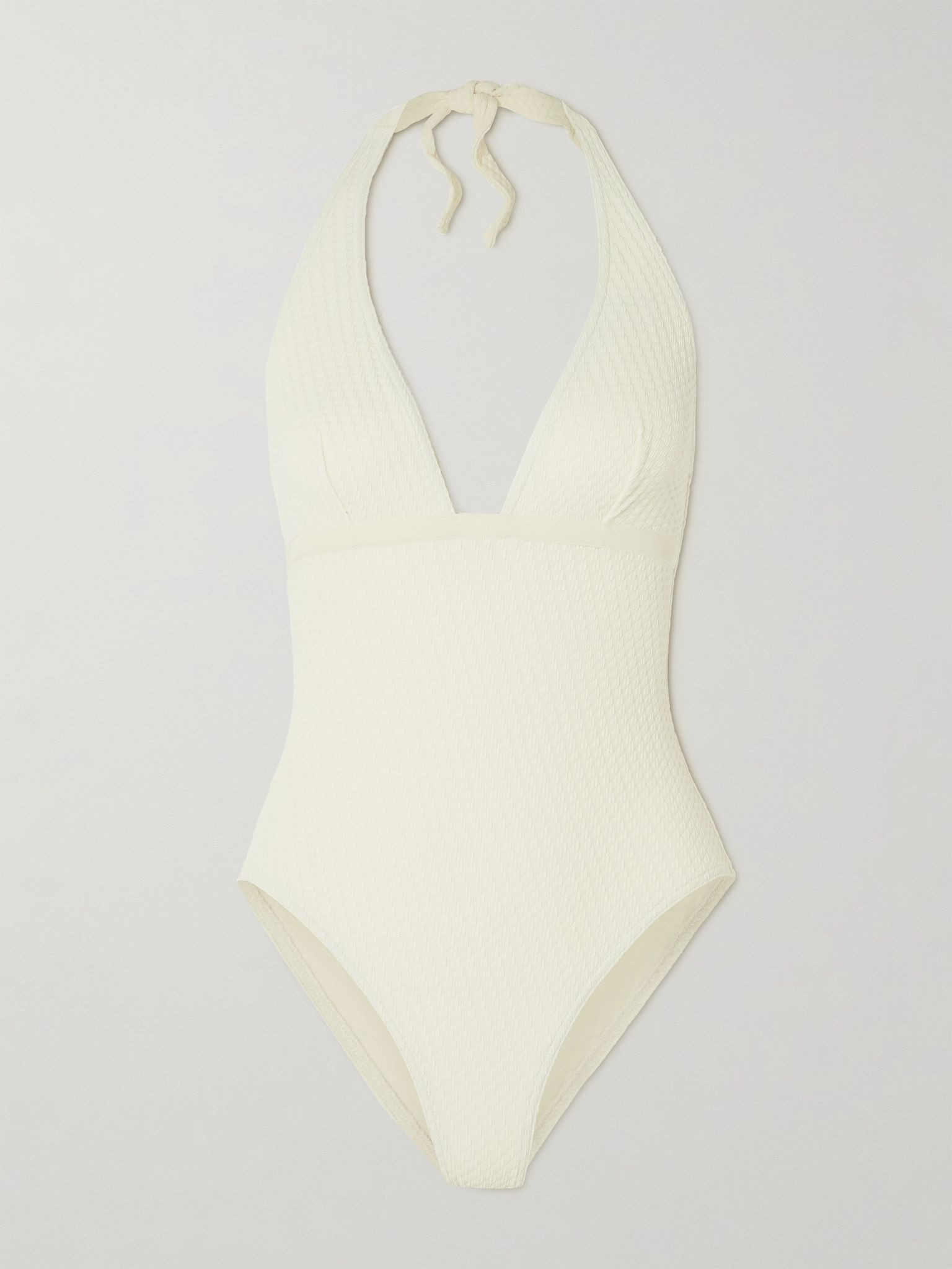 The Vogue Paillette grosgrain-trimmed jacquard halterneck swimsuit Off-white - 1