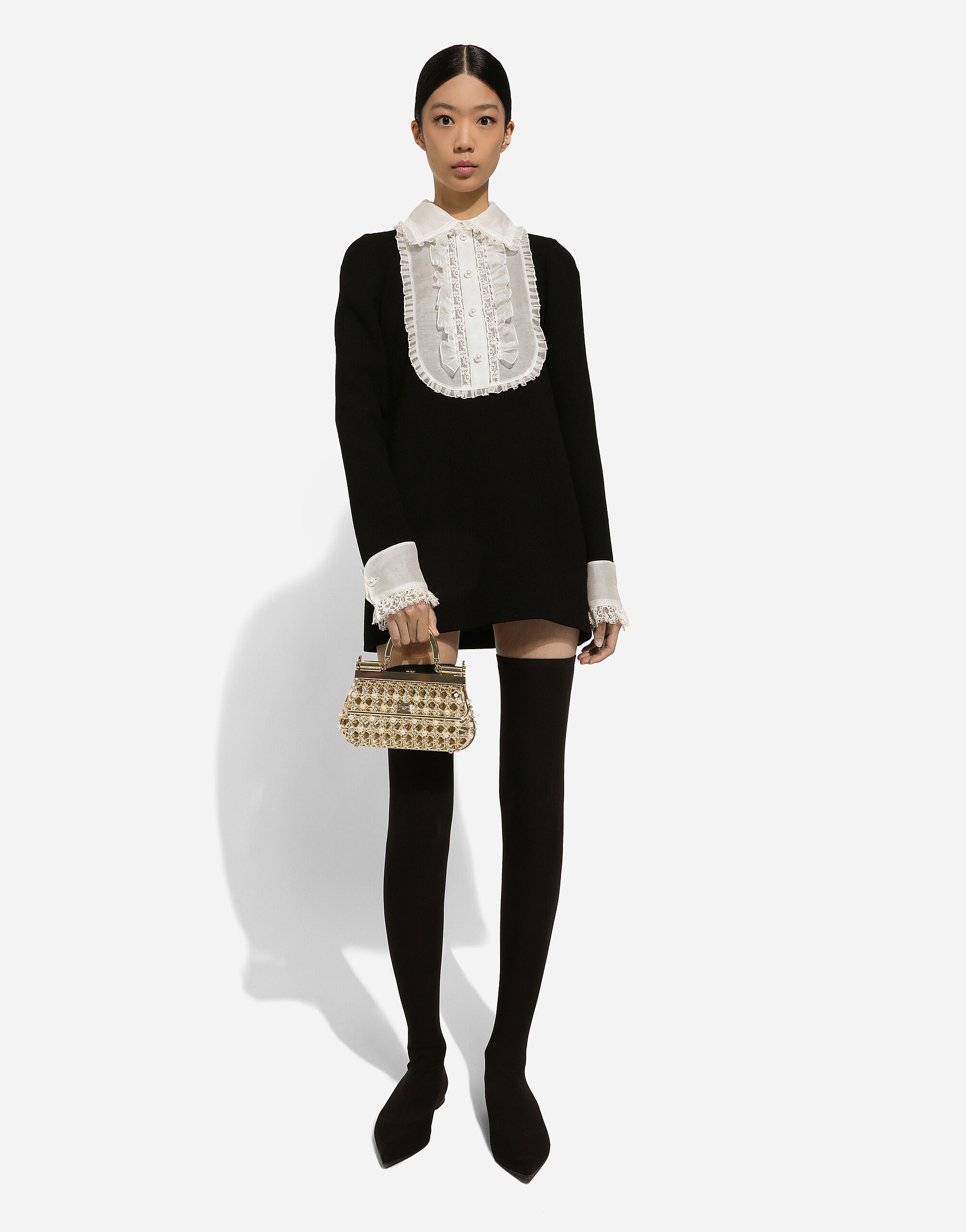 Short wool crepe dress with organza shirt front - 9