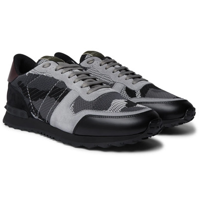 Valentino Valentino Garavani Rockrunner Camouflage-Print Stretch-Knit, Leather and Suede Sneakers outlook