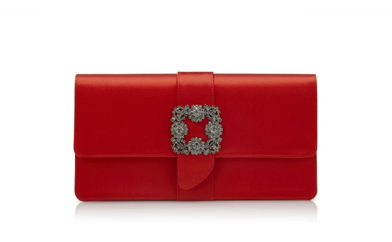 Red Satin Jewel Buckle Clutch - 1