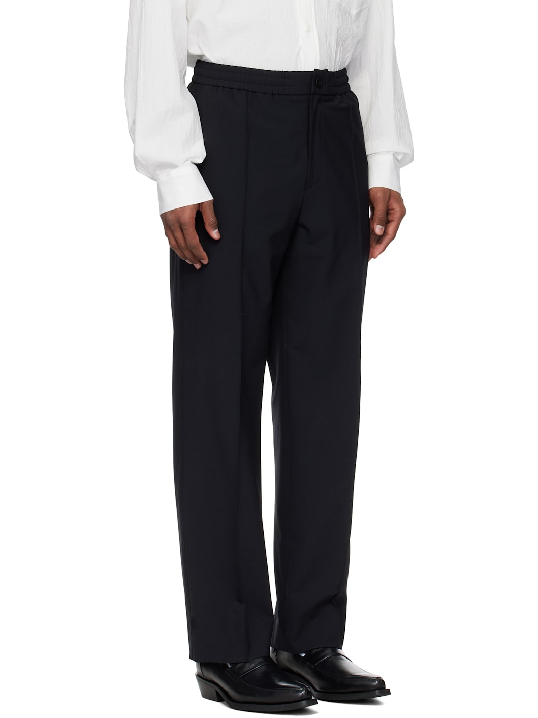 Black Wool Pintuck Banding Pants - 2