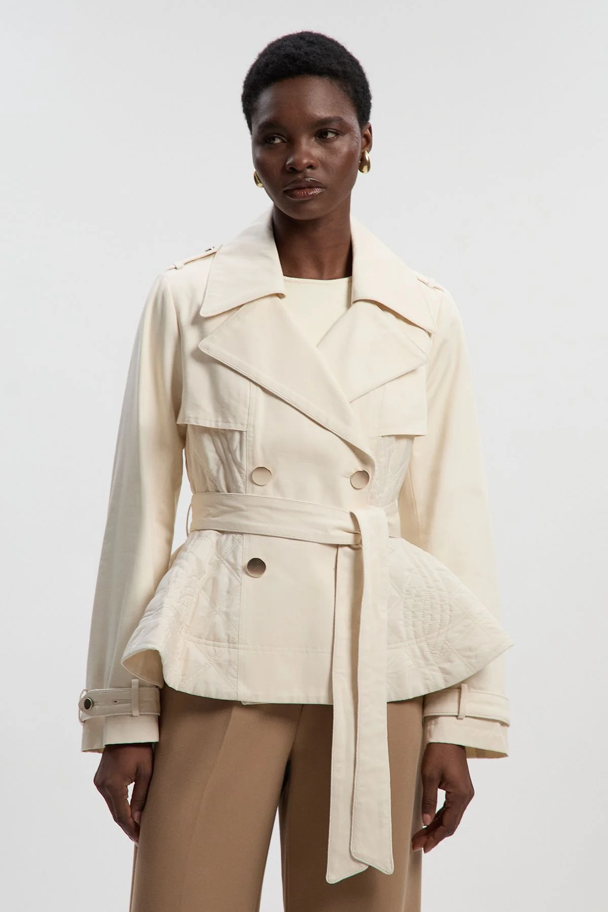 Quilted Padded Peplum Short Trench Coat - 1