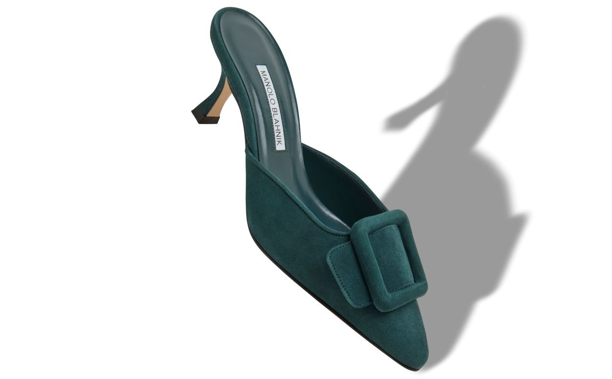 Dark Green Suede Buckle Detail Mules - 2