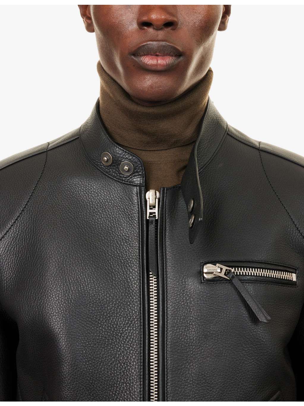 Stand-Collar Long-Sleeve Leather Biker Jacket - 5