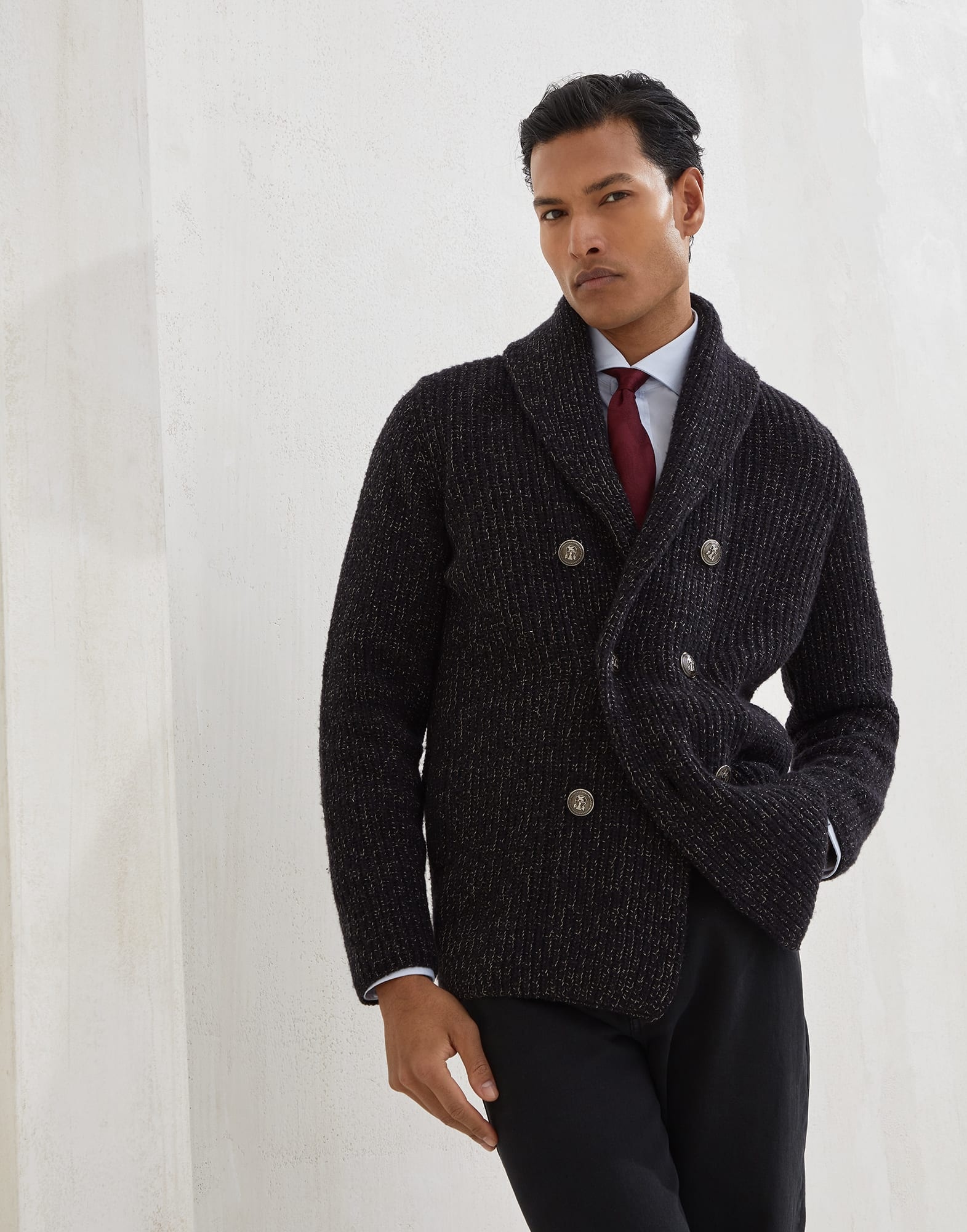 Mouliné virgin wool, silk and cashmere half English rib one-and-a-half breasted cardigan with metal  - 4