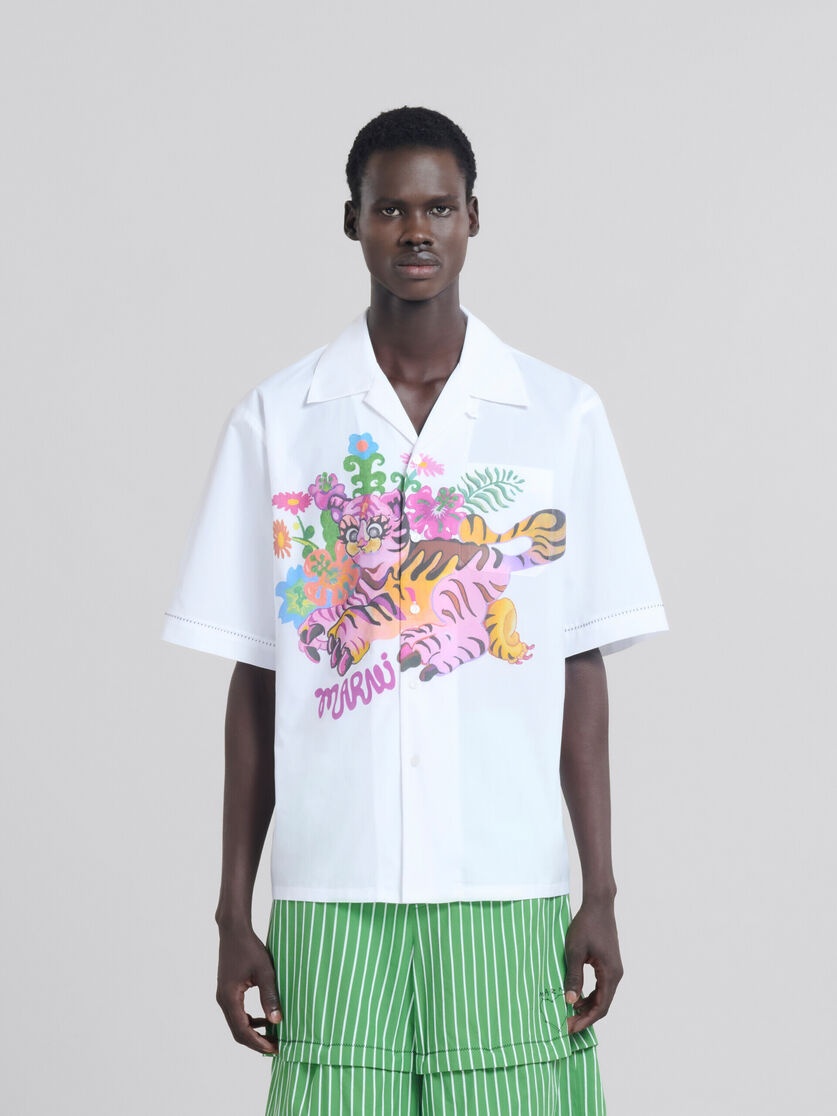 WHITE ORGANIC POPLIN BOWLING SHIRT WITH PRINT - 1