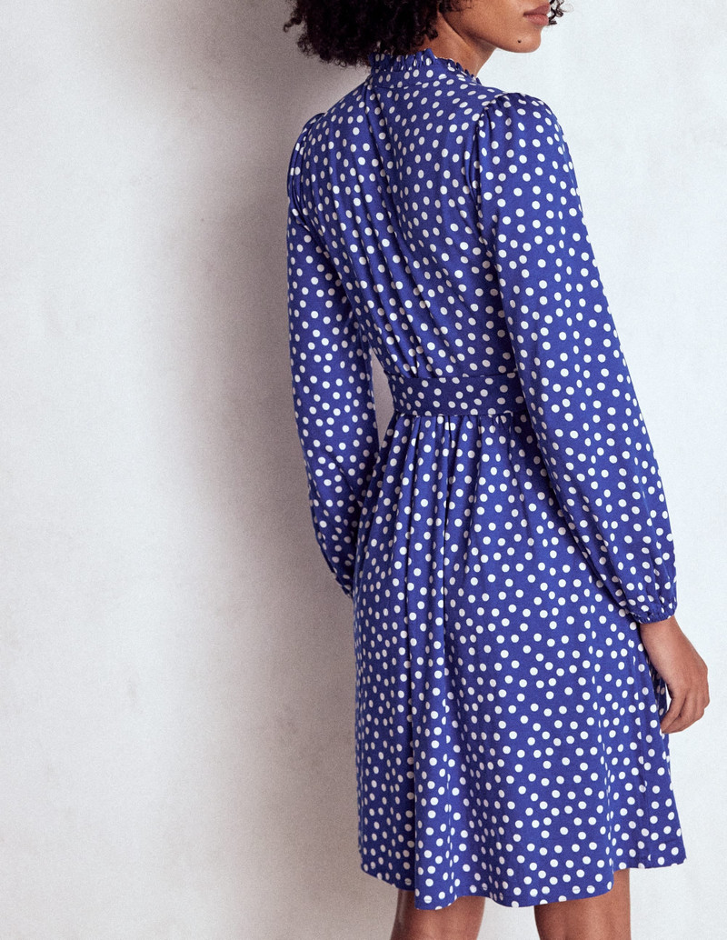 Willow Ruffle Neck Shirt Dress-Bright Blue, Dot 4