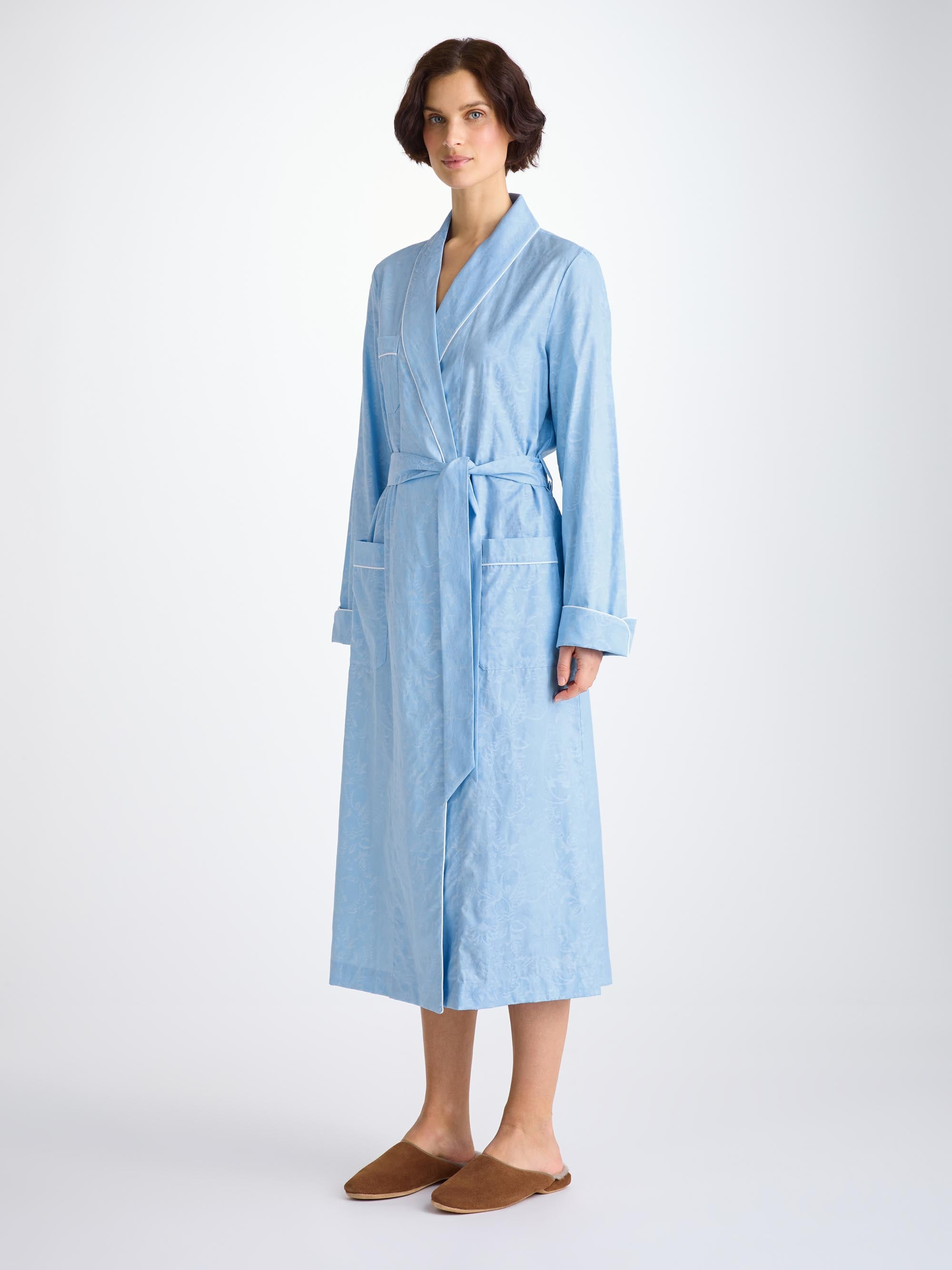 Women's Robe Cotton Jacquard Light Blue Jungle Paisley Pattern - 4