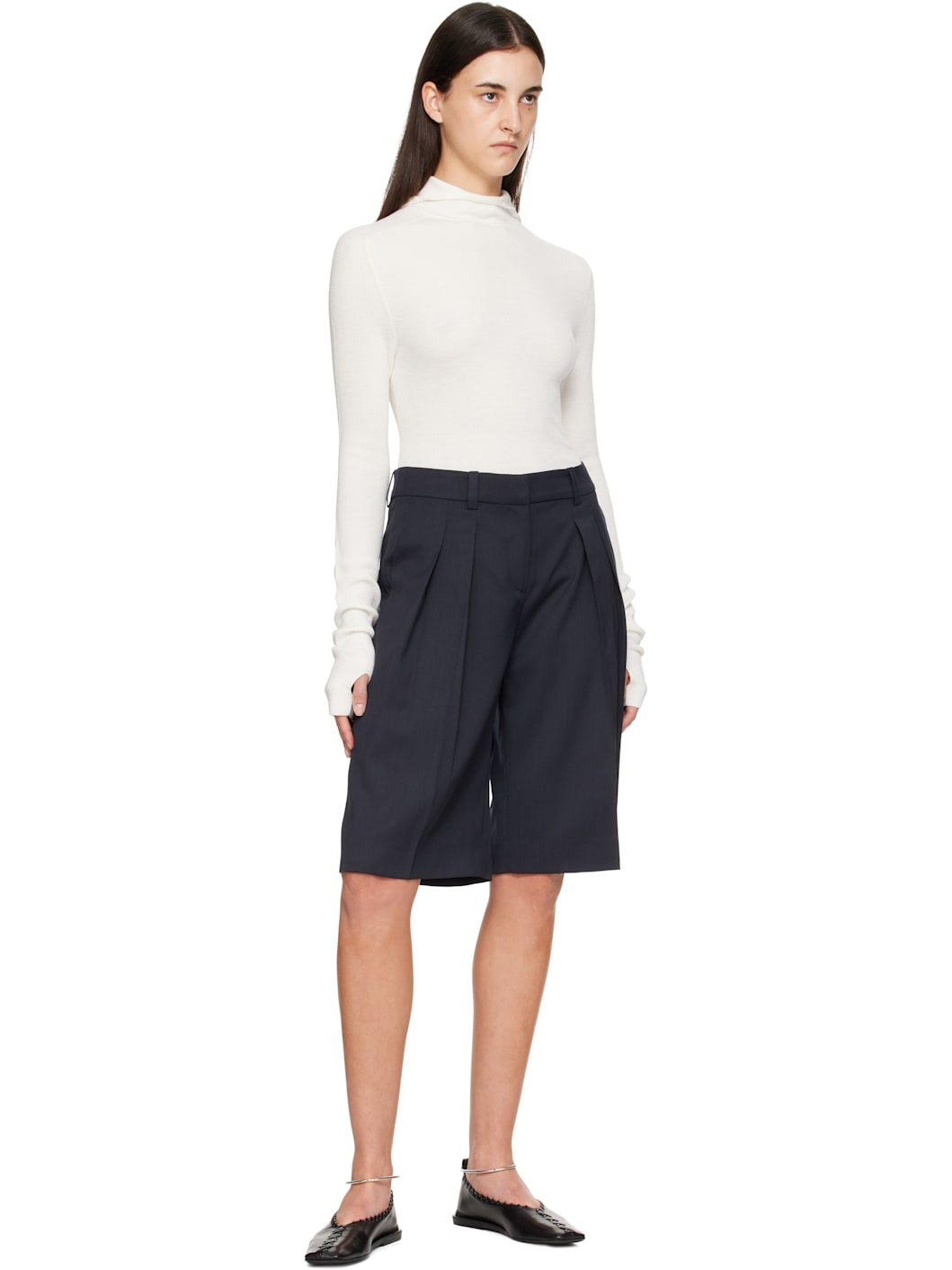 Navy Bilbao Pleated Bermuda Shorts - 4