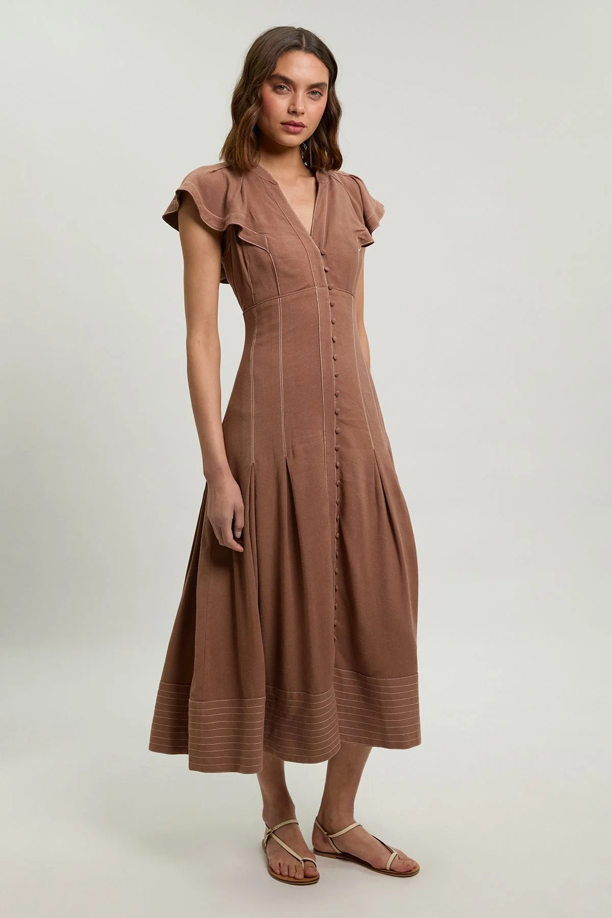 Contrast Topstitch Seam Detail Midi Dress - 1