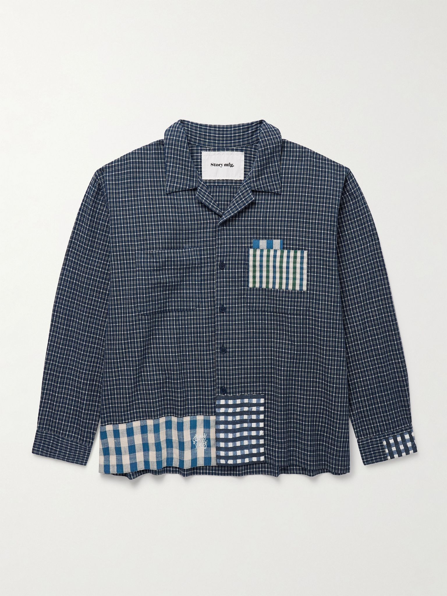 PA Camp-Collar Patchwork Checked Organic Cotton Shirt Blue - 1