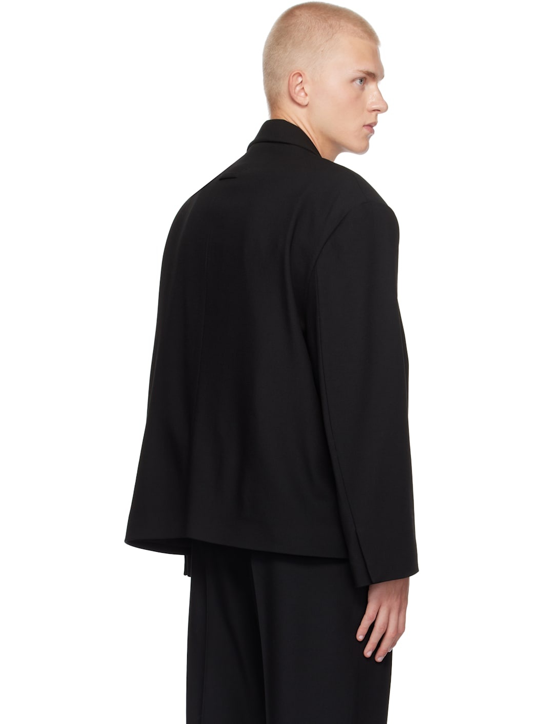 Black Wool Gabardine Cropped Blazer - 3