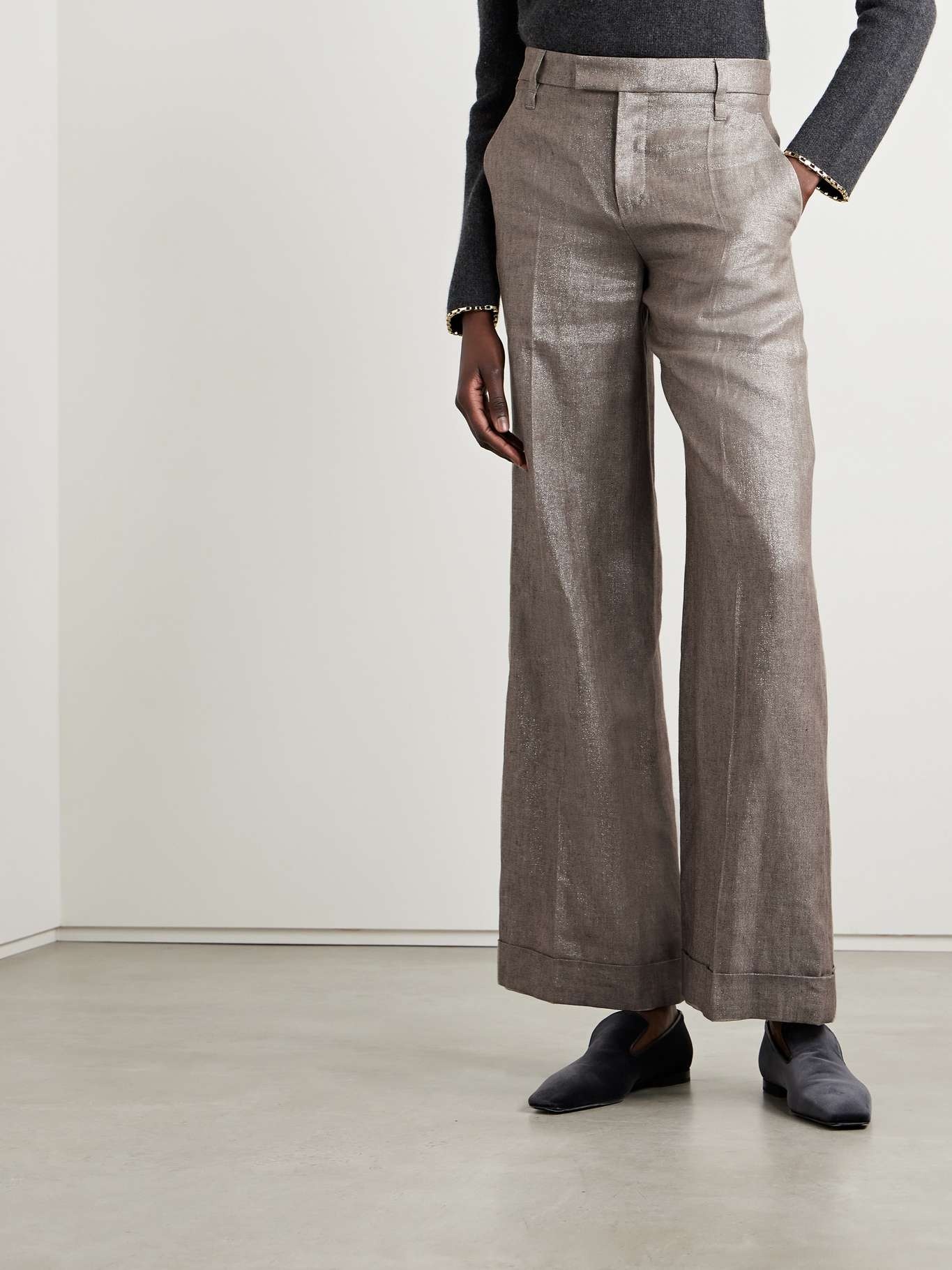 Metallic linen-blend twill wide-leg pants - 3
