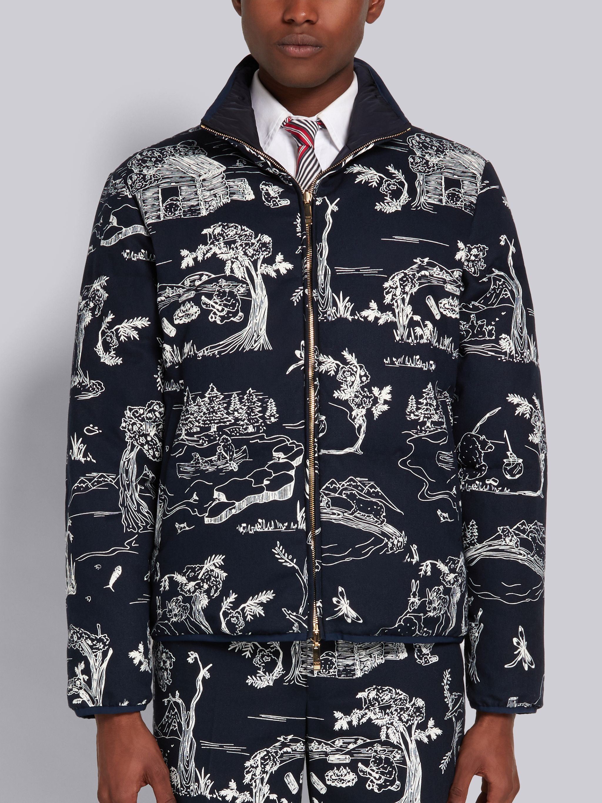 Navy Bear Camp Cotton Canvas Toile 4-Bar Reversible Funnel Zip-up Jacket - 1