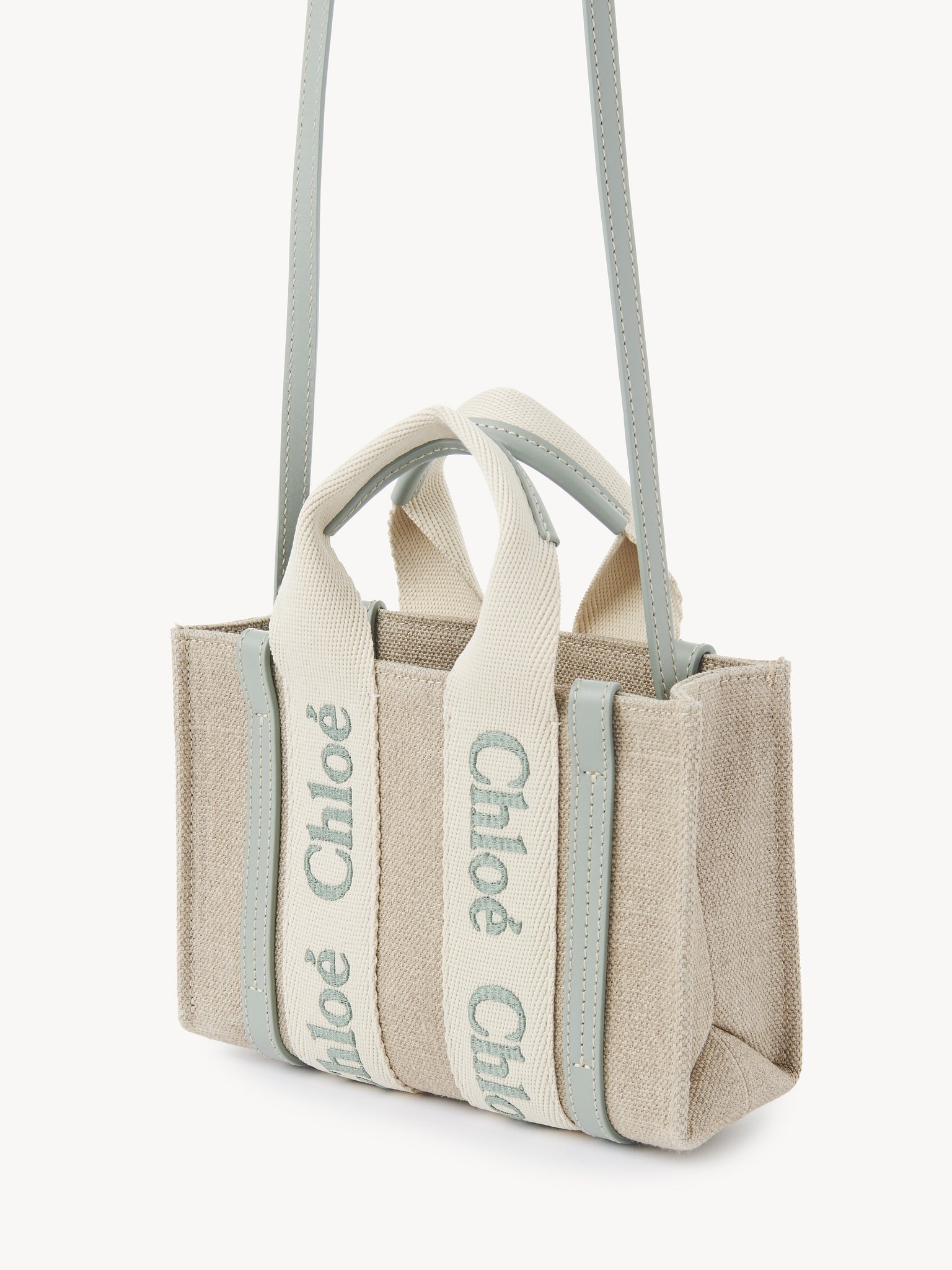 MINI WOODY TOTE BAG IN LINEN & LEATHER - 3