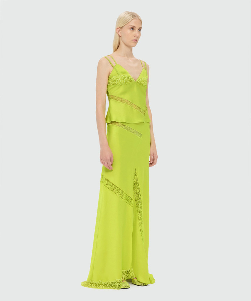 Lime long satin skirt with flared hem and lace inserts 4