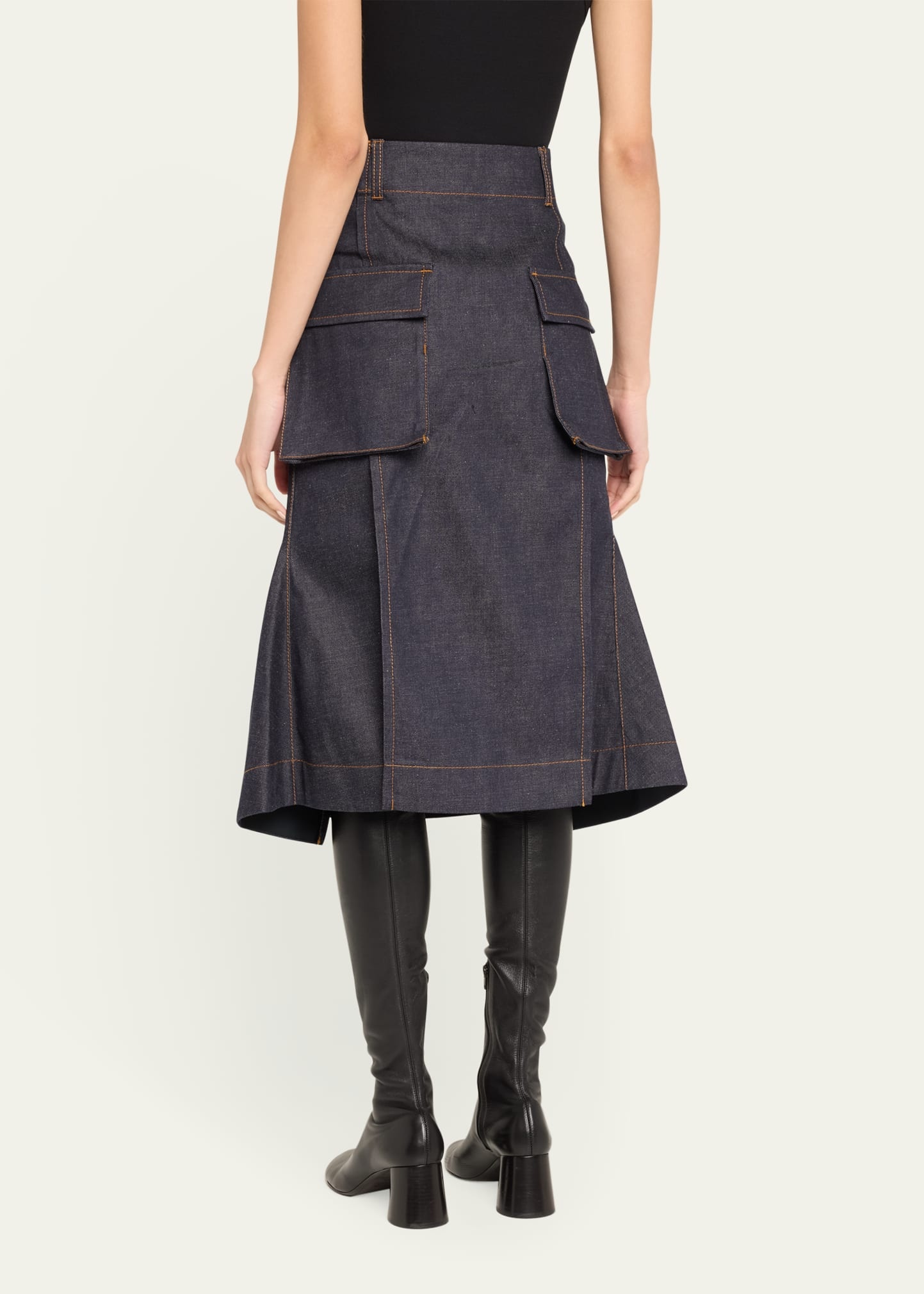 Flared Denim Midi Skirt with Pocket Details - 3