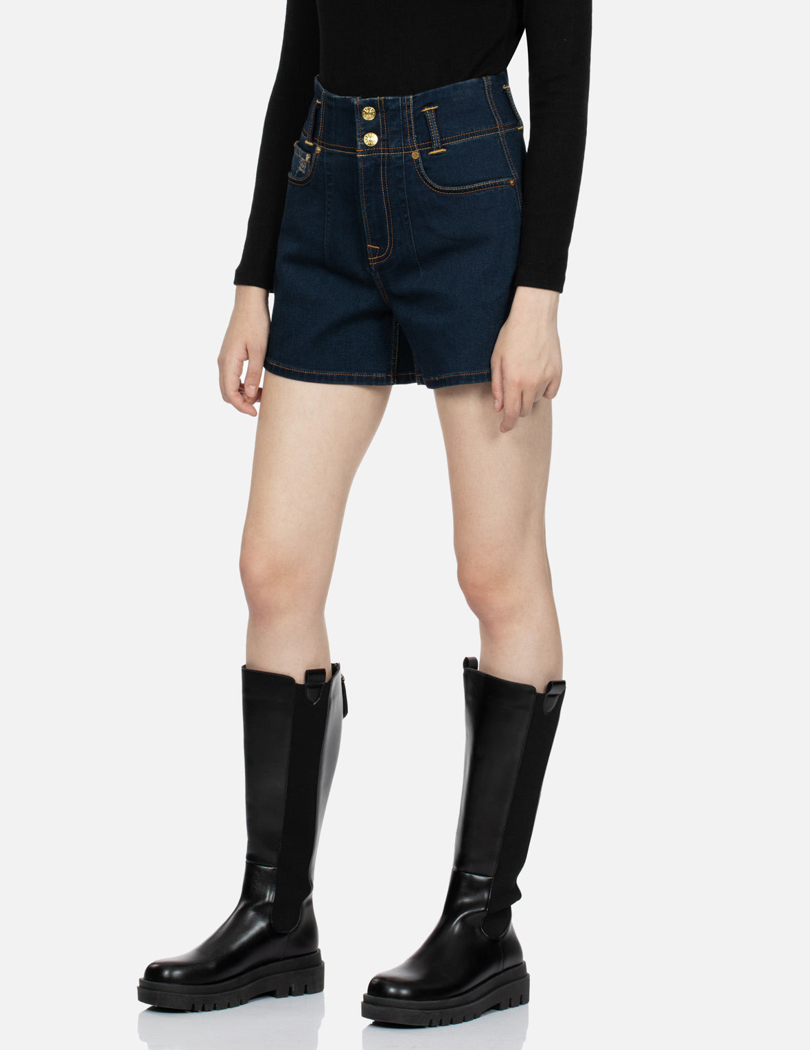 ALLOVER KAMON PATTERN POCKETS HIGH WAIST DENIM SHORTS - 8