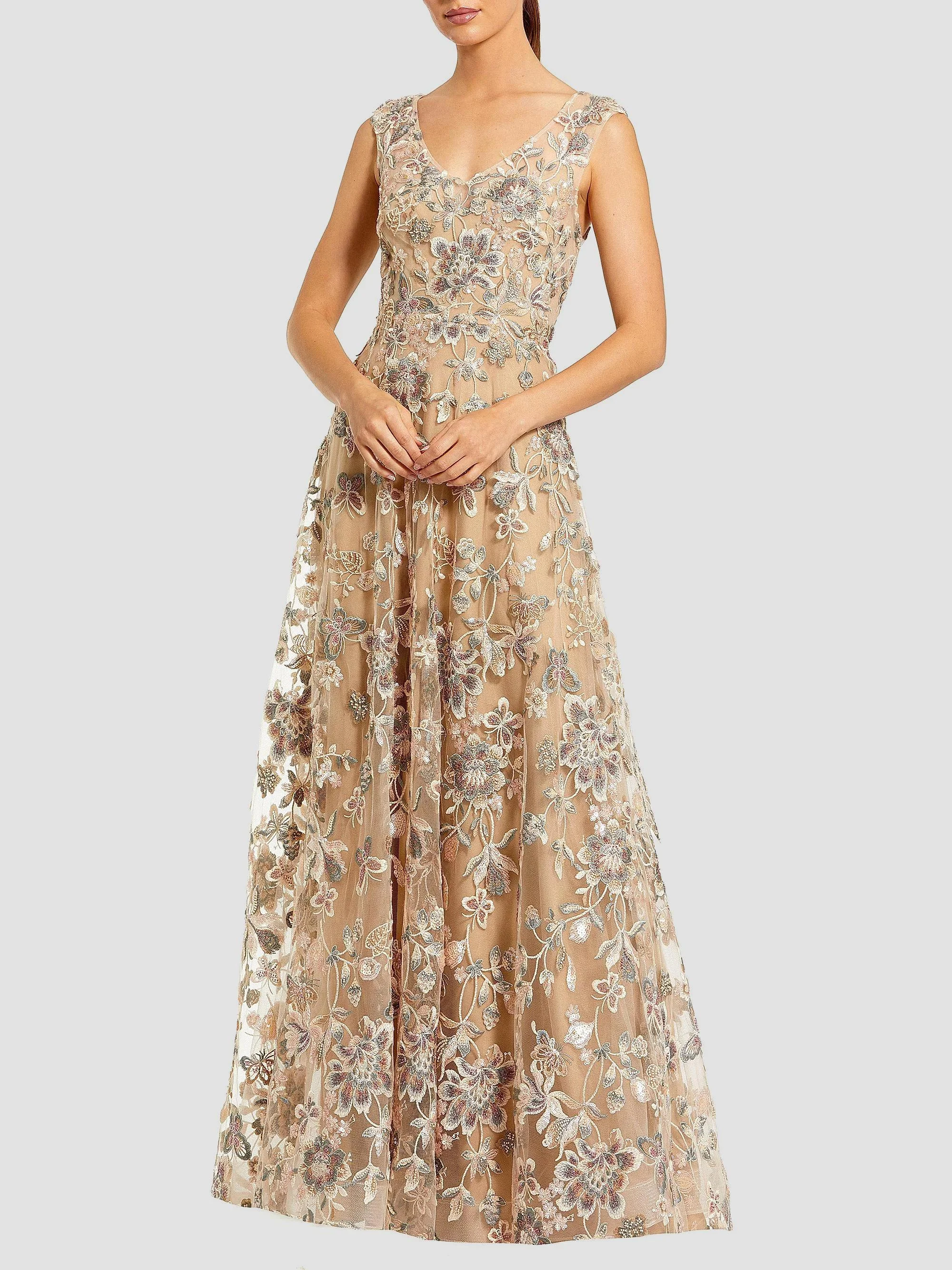 Women's Floral Embroidered V-Neck Gown - Taupe - 1