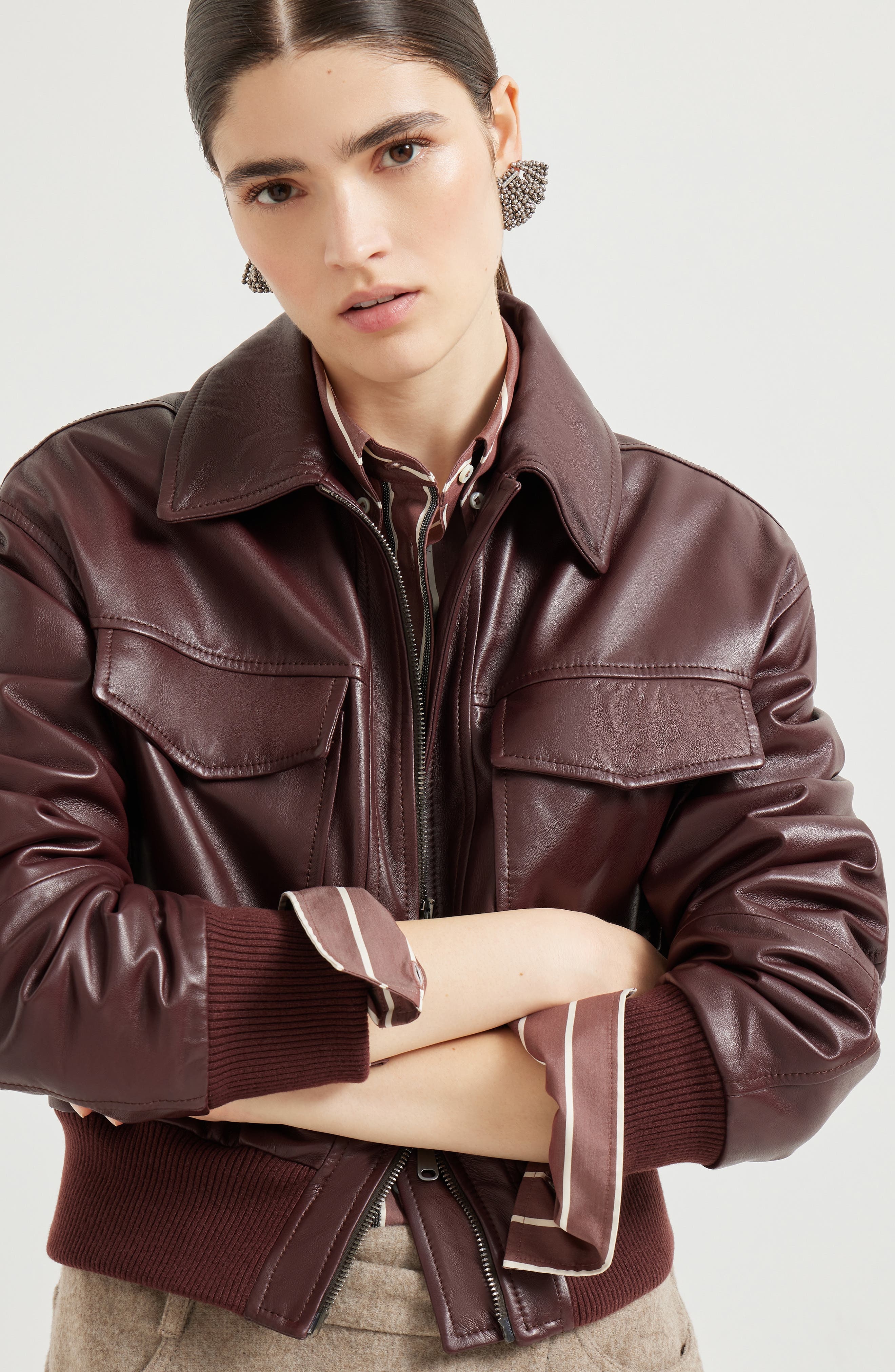 Brunello Cucinelli Soft nappa leather bomber jacket in Amaranth at Nordstrom - 5