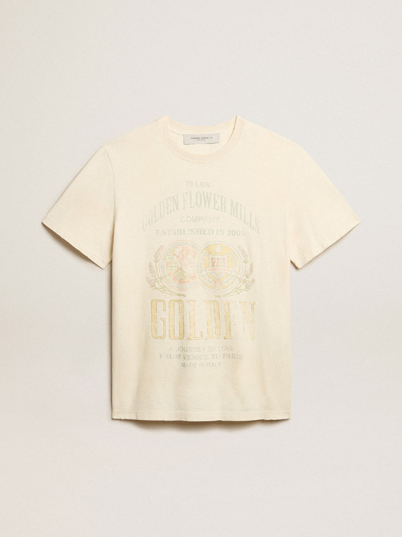 Men’s aged white cotton T-shirt with print on the front 1