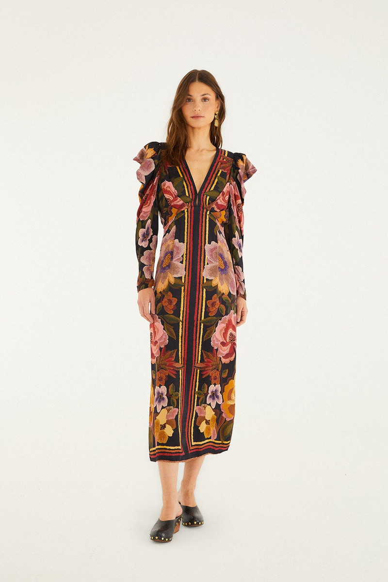 Black Chenille Flowers Lenzing™ Ecovero™ Viscose Midi Dress 1