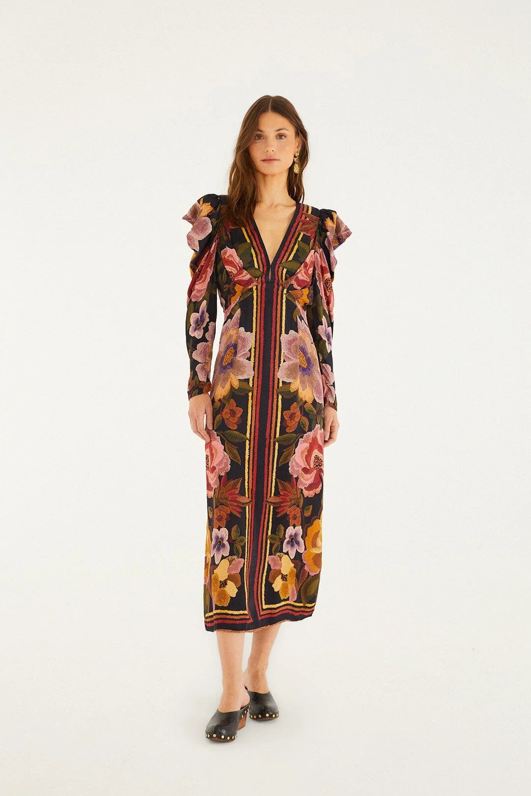 Black Chenille Flowers Lenzing™ Ecovero™ Viscose Midi Dress - 1