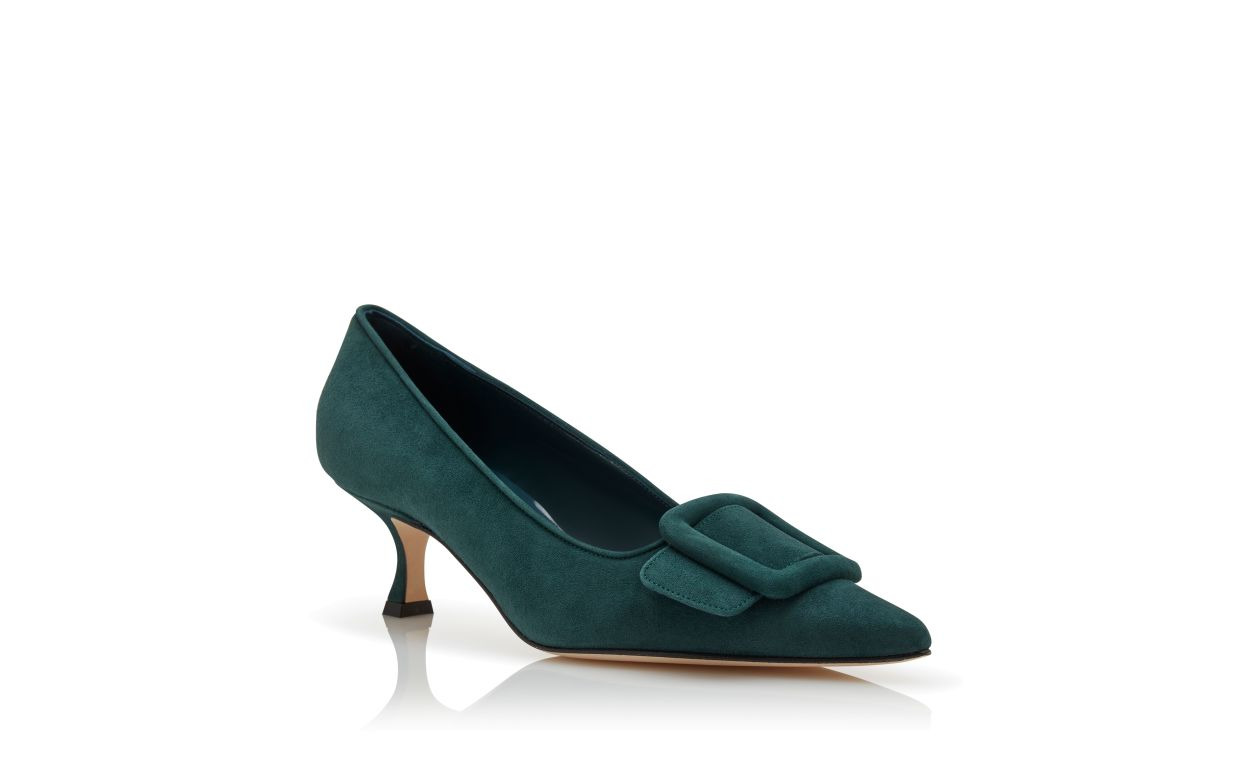 Dark Green Suede Buckle Detail Pumps - 3