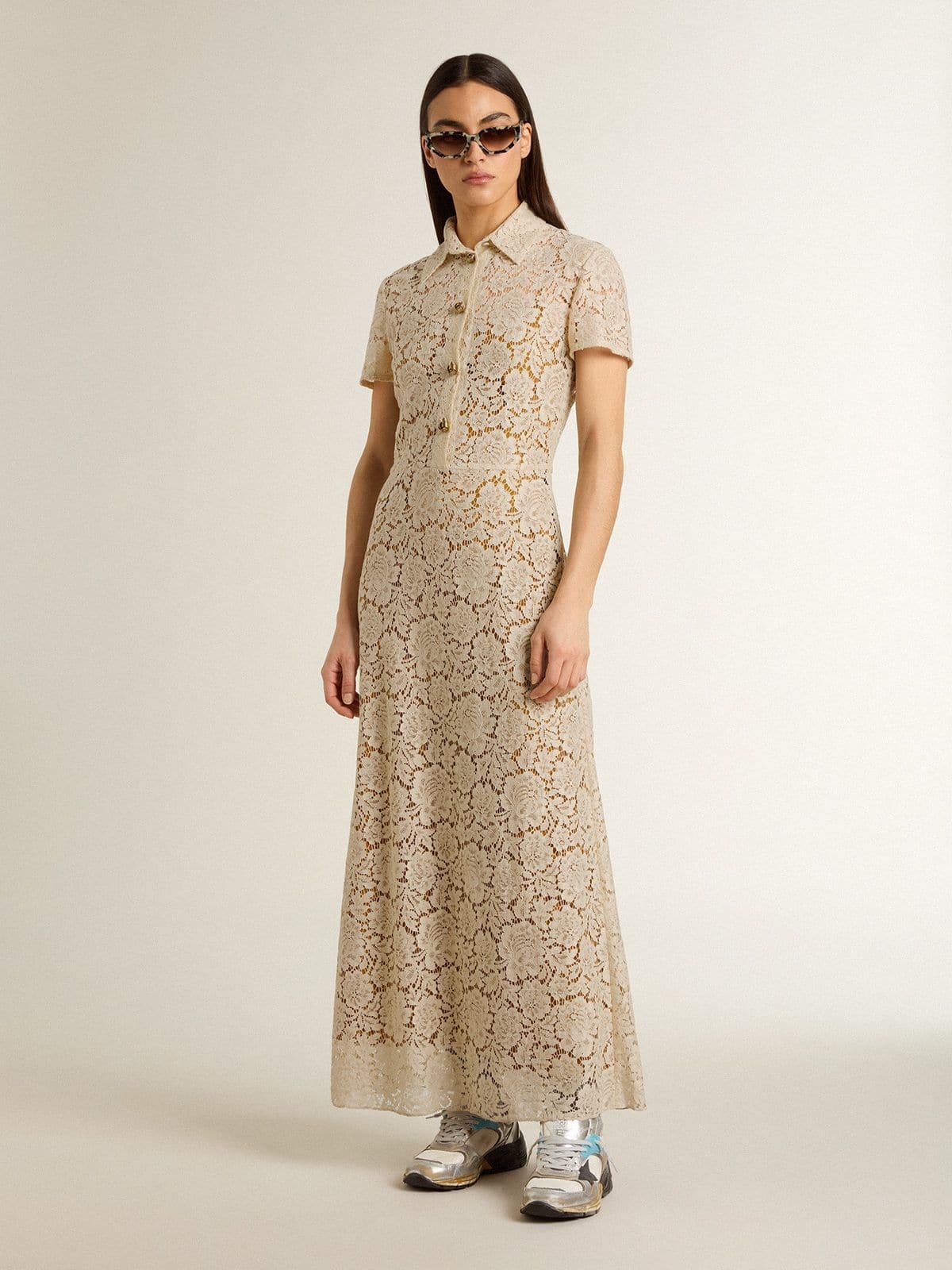 Women's midi dress in cream-colored see-through lace - 2