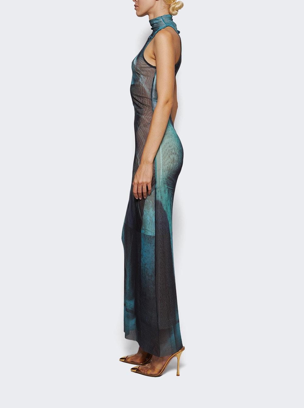 Mesh High Neck Long Dress Water Print - 3